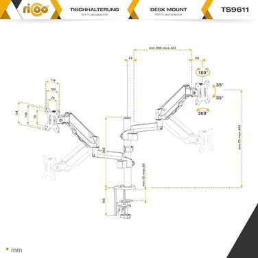 Кріплення для монітора RICOO TS3911 - 2 монітори, газ-амортизатор, VESA 75x75/100x100, 17-32 дюйми