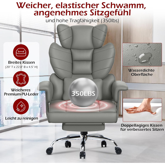 Офісний крісло NaspaLuro з підставкою для ніг, ергономічне, з підтримкою попереку, з високою спинкою, для дому та офісу, сірий, 77x66x134 см