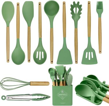 Набір кухонних аксесуарів 13шт, силікон, стійкий до високих температур, з дерев'яною ручкою (авокадо-зелений)
