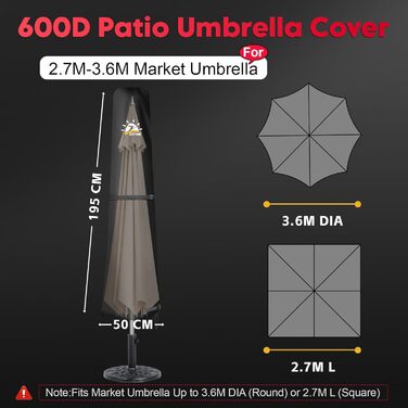 Захисний чохол для парасольки Zettum, 3-4 м, водонепроникний, 600D Oxford PU, UV-стійкий, для саду, 260x42x81/56 см