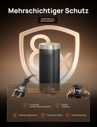 Електричний обігрівач DREO Solaris Slim H2, 2000W, керамічний, з термостатом, таймером, 3 режими, осциляція 70°, захист від перегріву та перекидання, золотий