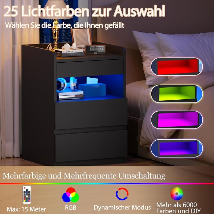 Нічний столик BEWISHOME 2 шт., з прихованою поличкою та розеткою, з функцією зарядки, для вітальні та спальні (чорний) EFCG02B