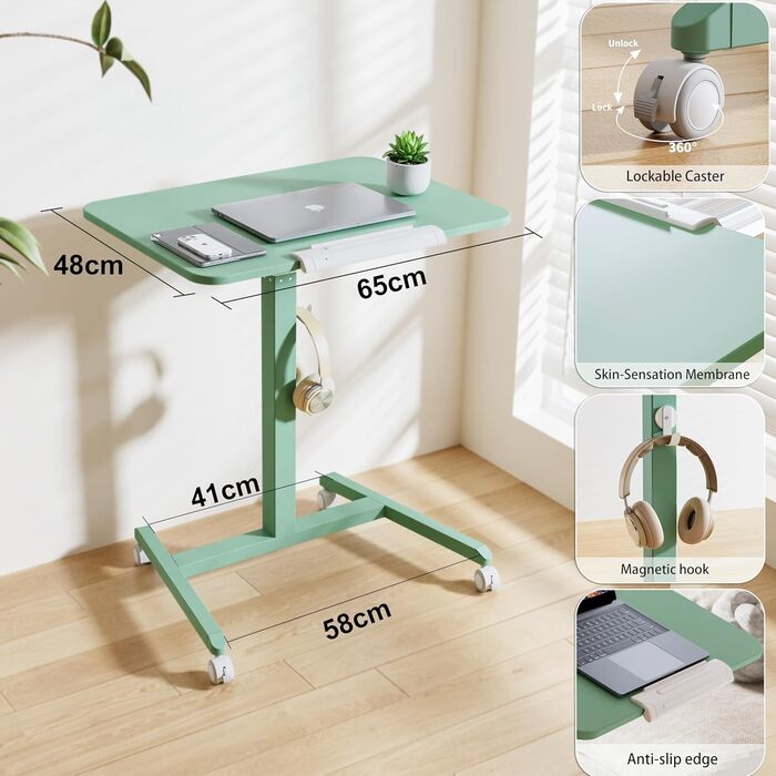Регульований приставний столик ETHU з роликами, мобільний столик для ноутбука, диванний столик з нахиленою платформою (65 см), багатофункціональний ролстол для дому