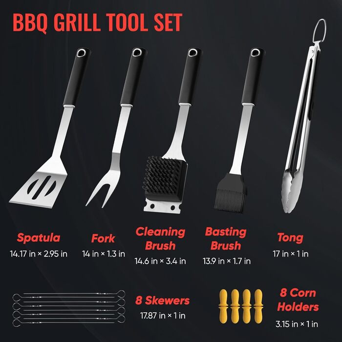 Набір гриль-посуду Profi з нержавіючої сталі: аксесуари для гриля, інструменти для приготування їжі на грилі та барбекю. Чудовий подарунок для чоловіків та жінок. Чорний колір.