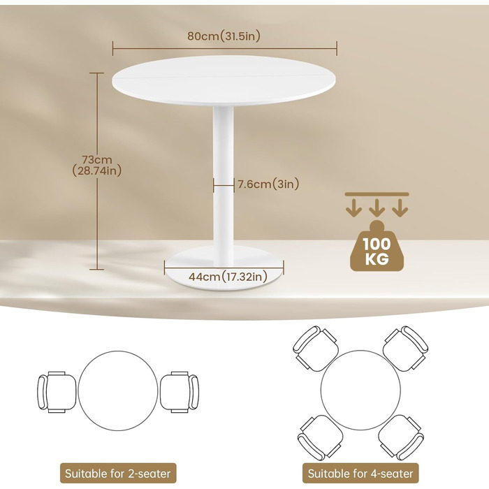 Круглий обідній стіл для кухні, вітальні, балкону - 70x70 см, білий