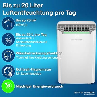 Електричний осушувач повітря з LED дисплеєм, таймером та захистом для дітей | Здатність осушувати 16 літрів вологи на добу | Для приміщень до 70 м² | Енергоефективний осушувач з датчиком вологості | Білий
