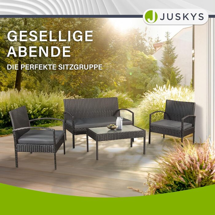 Набір садово-балкових меблів Juskys Trinidad: садова група з столом, софою та 2 стільцями (на 4 особи), сірі подушки