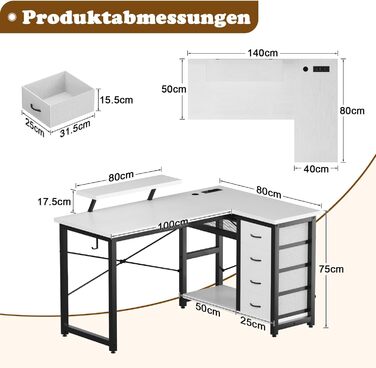 Комп'ютерний стіл L-подібний Devoko з 4 ящиками з тканини, 2 розетками та 2 USB-портами, для дому та офісу, ігор, білий, 140x80 см