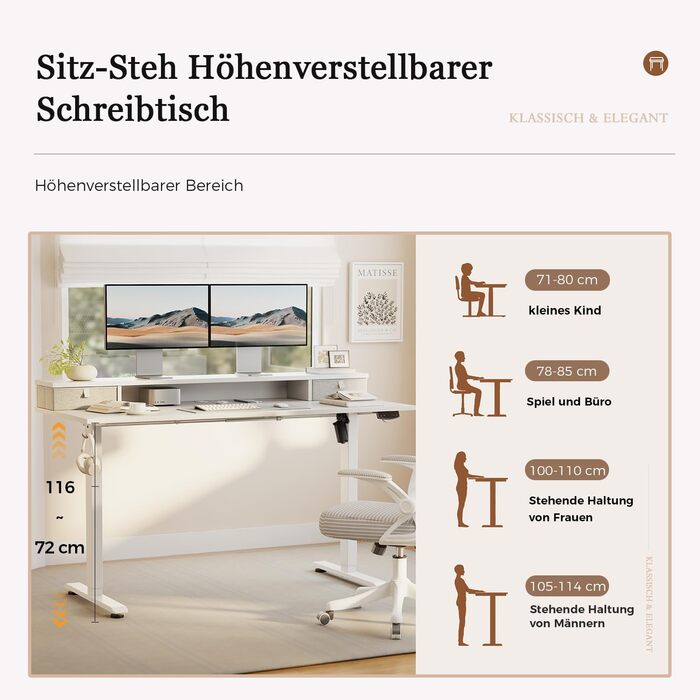 Регульований за висотою стіл Klicelor з двома висувними ящиками, електричний, для роботи стоячи, ергономічний, 100 x 60 см, білий