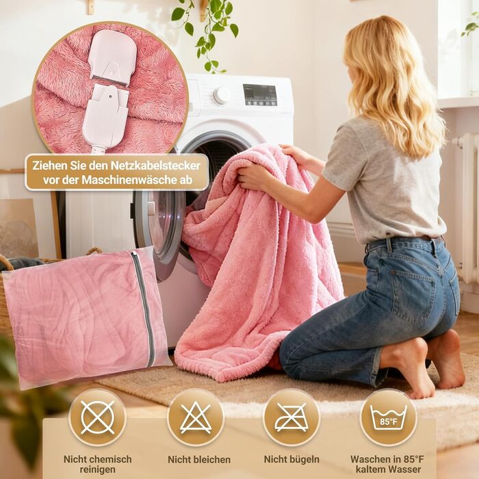 Електрична ковдра з автовимкненням 130x180 см, 8 рівнів нагріву, таймер 12 годин, пральна машина, флісова ковдра для ліжка, дивана, офісу, рожева