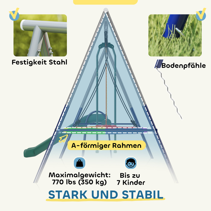Комплекс для ігор 5-в-1 з гіркою, регульованою по висоті, з сітчастою гойдалкою, розміром 382x196x203 см, багатокольоровий