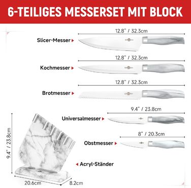 Набір кухонних ножів Messerblock Set: професійний набір з 6 предметів з нержавіючої сталі та дерев'яним блоком, з точильним каменем