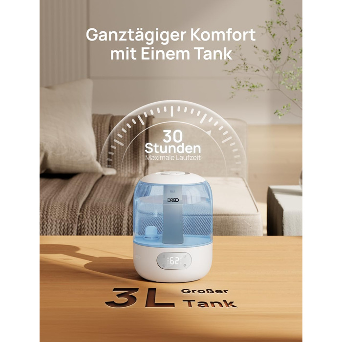 Зволожувач повітря Dreo для спальні, ультразвуковий холодний туман, 30 годин роботи, 3L резервуар з верхнім заповненням, датчик вологості, нічне світло для дітей, кімнати, рослин та дому (Blue)