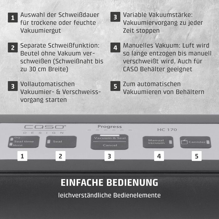 Вакууматор Caso HC170 для продуктів з регулюванням часу запаяння, потужний насос 9 л/хв та набором пакетів 20x30см