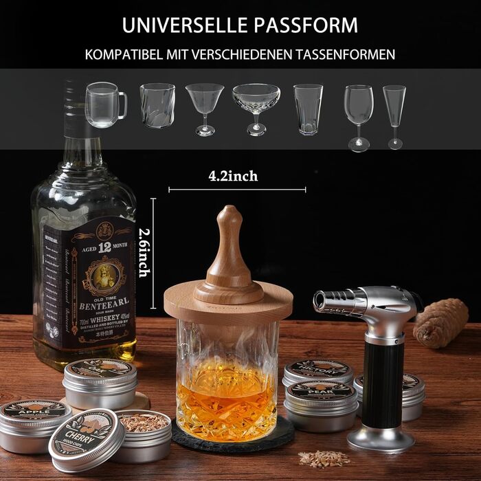 Набір для копчення віскі з пальником, 6 смаків, дерев'яні стружки, 2 склянки, 6 контейнерів для віскі, набір для коктейлів, набір для копчення напоїв, подарунок на день народження для любителів бурбону (без бутану)