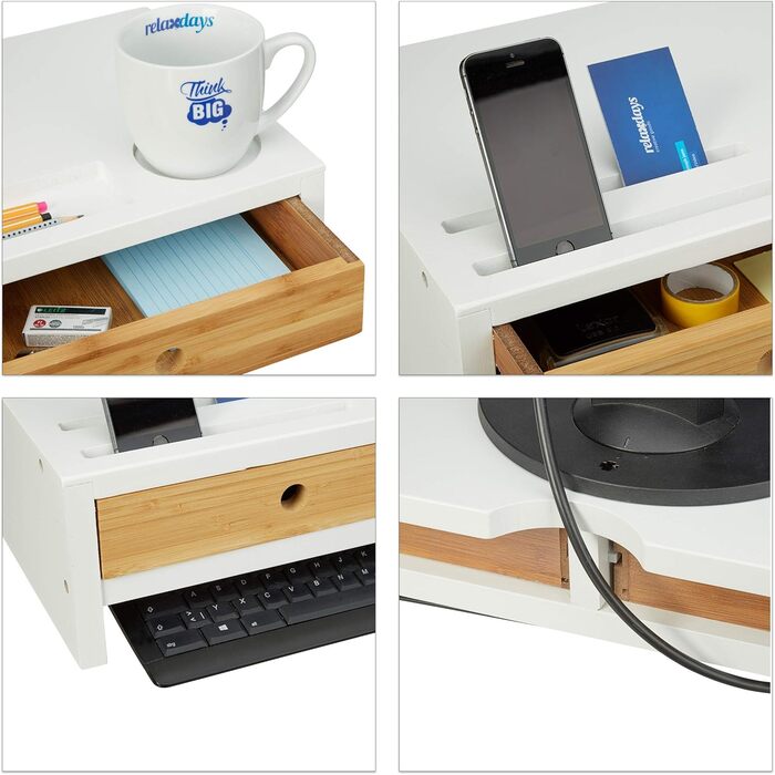 Підставка для монітора Relaxdays з бамбука, підставка під екран з 2 шухлядами та відділеннями, білий/натуральний, 60 x 30 x 14 см