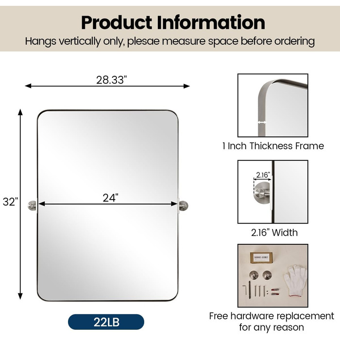 Дзеркало для ванної кімнати MOON MIRROR, прямокутне, з металевим каркасом, 50,8 x 71,1 см, чорне (нікель, 81.3 x 61 см)