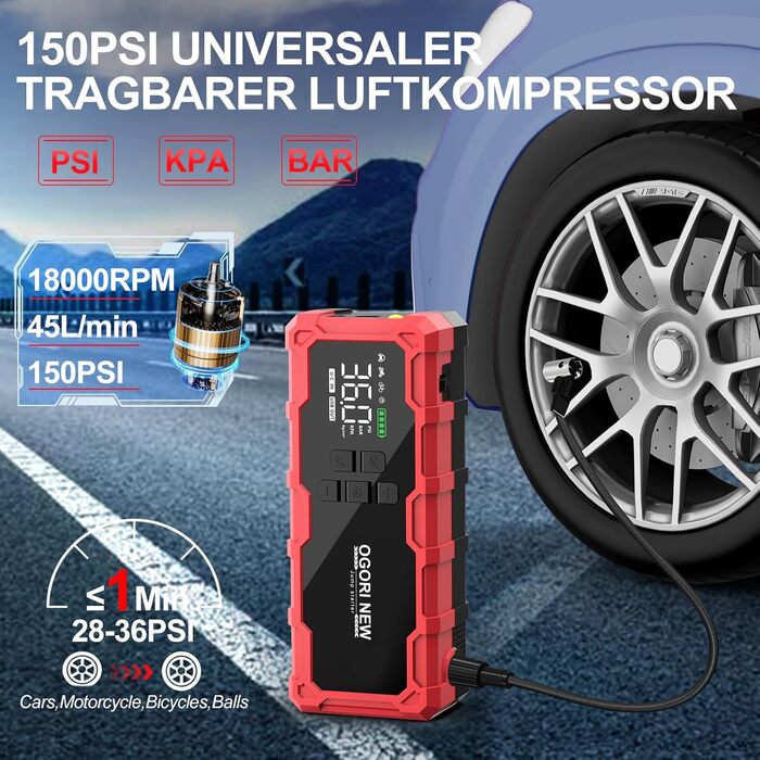 Powerbank для авто Starthilfe 6000A з компресором та LED-ліхтариком, 12V, для 8L бензину/10L дизеля