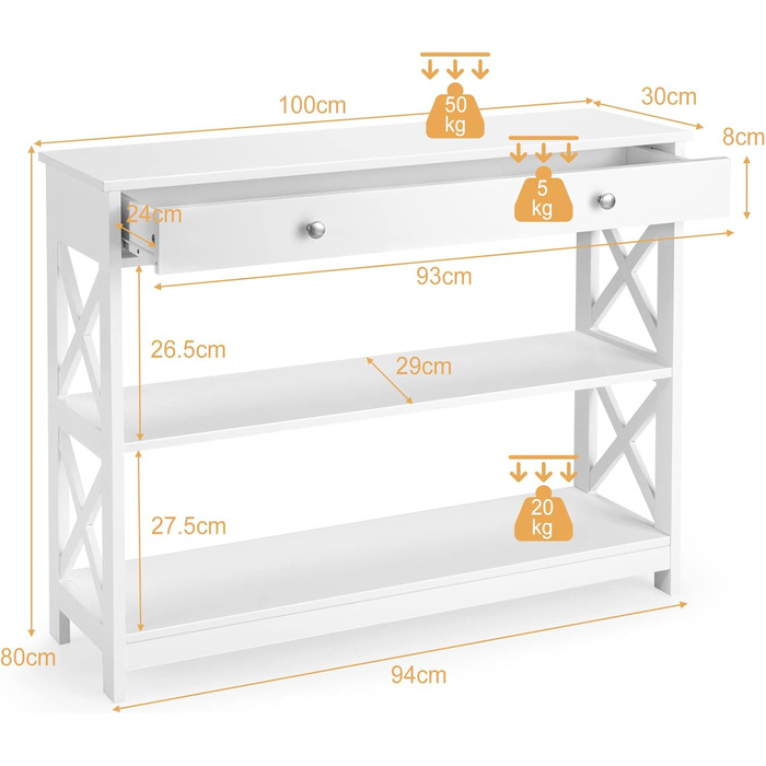 Консольний стіл з ящиком, 3 рівня, дерево, 100x30x80 см, білий, для передпокою, вітальні, спальні