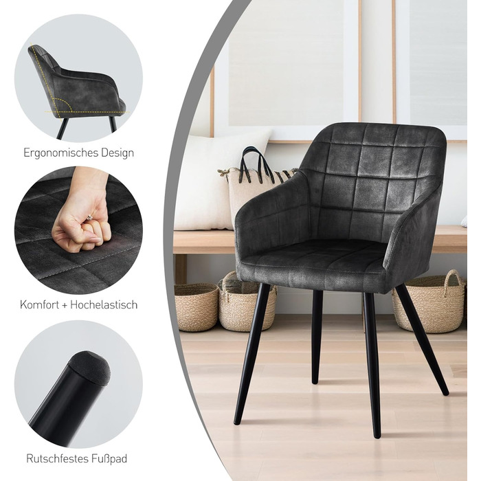 CLIPOP Комплект стільців для їдальні (6 шт.), з підлокітниками, штучна шкіра, для кухні, вітальні, сірий велюр