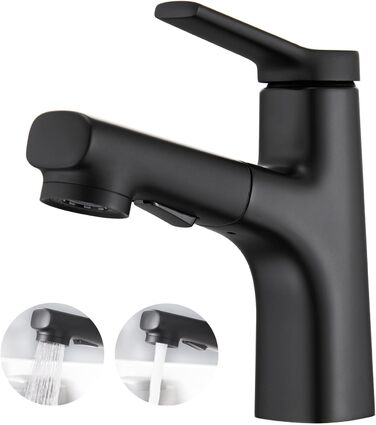 Сучасний змішувач для ванної кімнати CREA з висувною лійкою, 2 режими струменя, одноlever, з міді з хромовим покриттям (чорний)