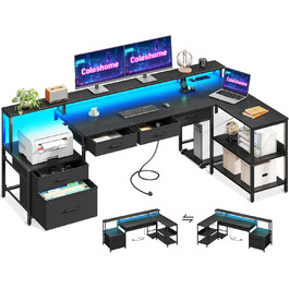 Комп'ютерний стіл Coleshome L-подібний з ящиками, 195x100 см, з розеткою, LED-підсвічуванням та підставкою для монітора, геймінговий стіл, чорний