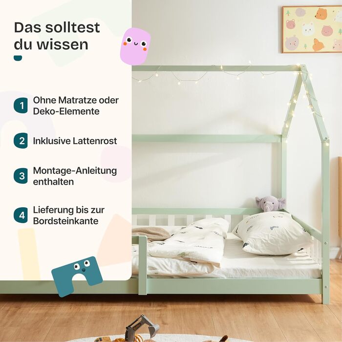 Дитяче ліжко Hesel Hausbett: біле, з бортиками та ламелями, Montessori, 120x200 см