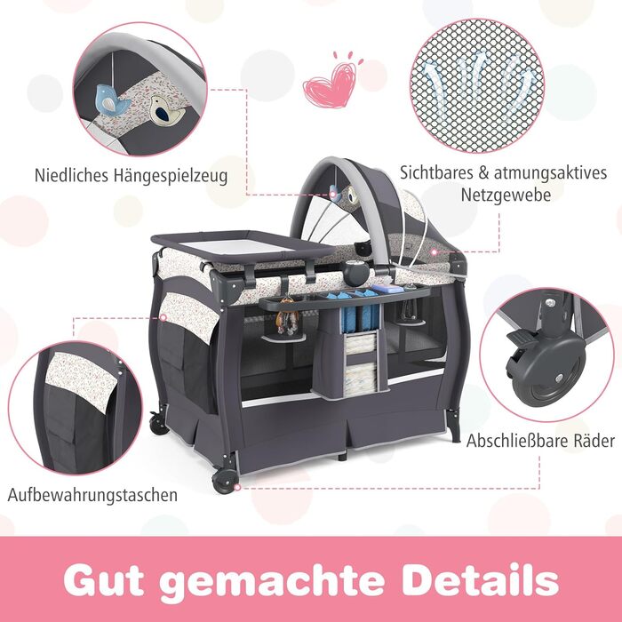 Дитяче туристичне ліжко COSTWAY 5 в 1 з матрацом, функція ліжечка-гойдалки, з регульованим козирком, пеленальний столик, музична іграшка та сумка для перенесення, до 15 кг (квітковий принт)