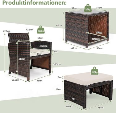 Садовий набір меблів GIANTEX 5 предметів ротанг: 2 крісла, 2 пуфи, столик - для балкона та саду з білими подушками