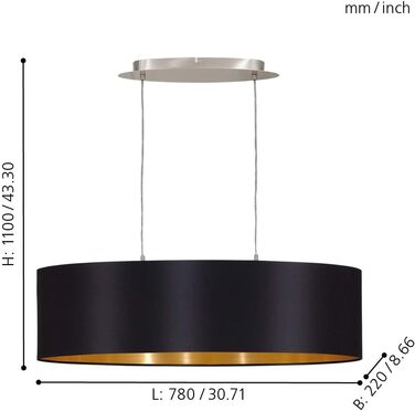 Підвісний світильник EGLO Maserlo, текстильний підвісний світильник на 2 полум'я, овальний підвісний світильник зі сталі та тканини, колір матовий нікель, чорний, золотий, цоколь E27, L 78 см Підвісний світильник, довжина 780 мм