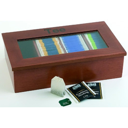 Дерев'яна коробка для чаю преміум-класу, 4 відділення по 30 пакетиків у кожному, кришка залишається відкритою, червоно-коричнева (макс. 60 символів)