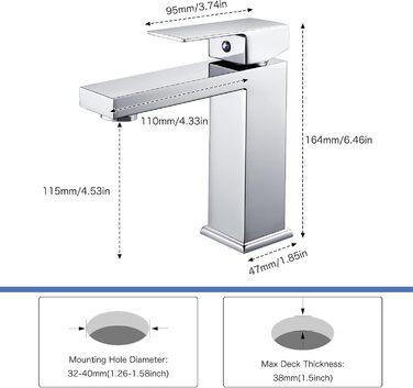 Змішувач для ванної кімнати на мийку, хромований, з висотою 164 мм, однорідний, з гарячою та холодною водою, G3/8
