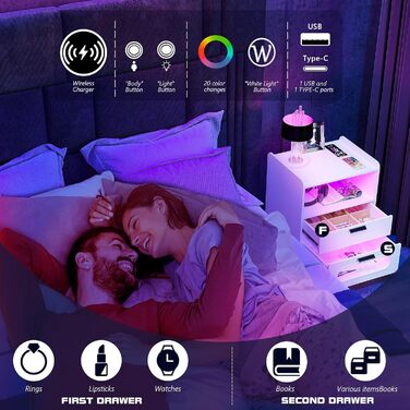 LED тумба Gurexl, комплект 2 шт., з USB Type-C зарядкою, 24-рівневе димування, сенсор, 2 шухляди, глянцева, для спальні, біла