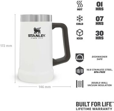 Термокружка Stanley Adventure Vacuum Stein 709 мл - Білий (Polar White) | Зручна ручка, 7 годин холоду, для пива, миється в посудомийній машині