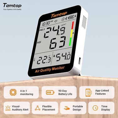 Вимірювач якості повітря Temtop S1+: PM2.5, AQI, температура, вологість, 100 днів роботи, підключення до APP, для дому та офісу