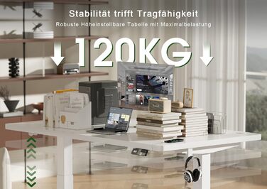 Електричний підйомний стіл Devoko 160x80 см, ергономічний комп'ютерний стіл для роботи стоячи та сидячи, подвійний мотор, пам'ять, USB-C, білий