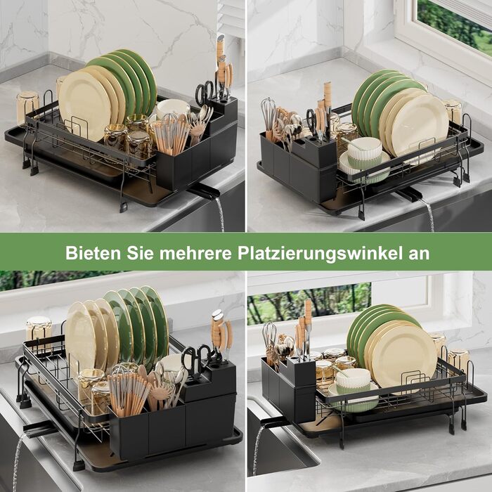 Сушарка для посуду ROTTOGOON розширювана, чорна: складана стійка з нержавіючої сталі, зливний жолоб та відділення для столових приборів