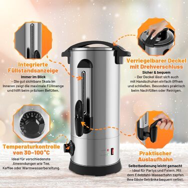 Глювайнер Cecaylie: диспенсер для гарячої води та глінтвейну з нержавіючої сталі, 10л, з термостатом та краном