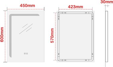 Дзеркало для ванної кімнати pro.tec LED Chambave з підсвічуванням, 3 кольори світла, вертикальне, з лупою та годинником (60 x 80 см, срібний)