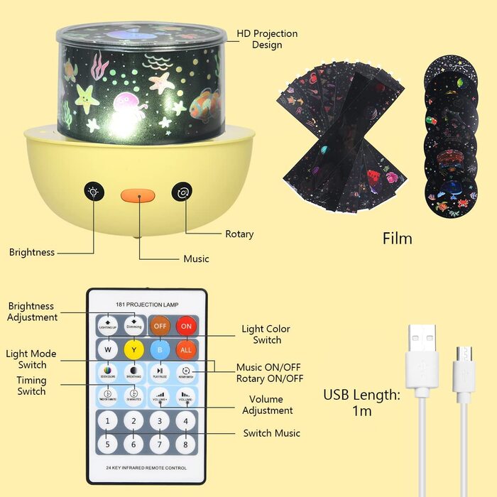 Проектор для зоряного неба URAQT, що обертається на 360 проектор для зірок, світлодіодний нічник для дітей і дорослих з таймером дистанційного керування, 4 режими освітлення / 6 тим для проекції / 7 яркостей / 8 видів музики (качка)