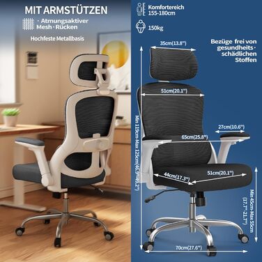 Офісне крісло TRALT Ergonomiczne - ігрове крісло з регульованою підголівником та підтримкою попереку, для дому та офісу, комп'ютерне крісло для великих людей, сітчасте крісло, 150 кг (білий, чорний)
