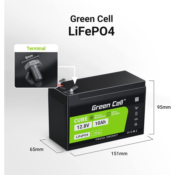 Акумуляторна батарея Green Cell LiFePO4 12 В, BMS, 10 років, для автофургону / човна / гольфу / сонячної батареї / кемпінгу (10 Ач 128 Втгод)