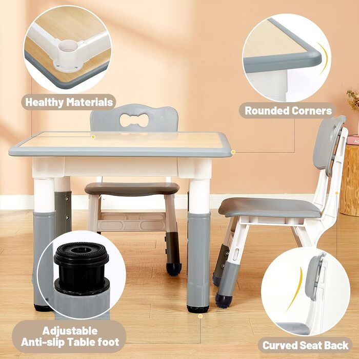 Дитячий стіл та стільці FUNLIO, регульовані по висоті, для дітей 3-8 років, миючий стіл, для класу/дитсадка/дому, сертифікований CPC (3 шт.) - сірий, 59.7 см x 59.7 см