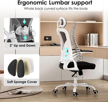 Ергономічне крісло Farini для офісу та дому: регульована висота, з підголівником, 150 кг, на коліщатках (чорно-біле)