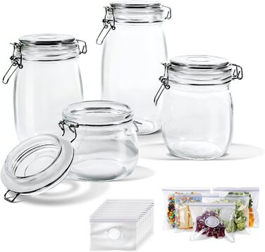 Набір скляних банок для зберігання Masthome 2, форма для печива 3,5 л, герметична, кухонний органайзер, вкл. 15 пакетів для зберігання продуктів (прозорі)