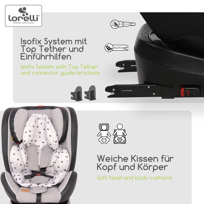 Автокрісло Lorelli Nebula, зростаюче автокрісло з Isofix - група 0/1/2/3 (0-36 кг), дитяче крісло, регульований підголівник у 8 положеннях, поворот на 360 градусів, 5-точковий ремінь безпеки, сірий