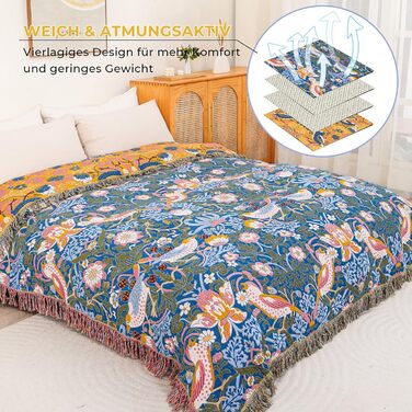 Плед Boho з 100% бавовни, стиль кантрі, 150х200 см (Птахи та квіти)