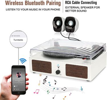 Вініловий програвач Udreamer з Bluetooth, вбудованими динаміками, ремінним приводом, 3 швидкості, ретро-стиль, білий, для музики та декору