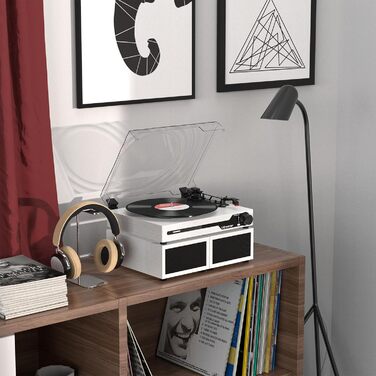 Вініловий програвач Udreamer з Bluetooth 5.3, стереодинаміками, USB, AUX, 3 швидкості, білий, ретро дизайн