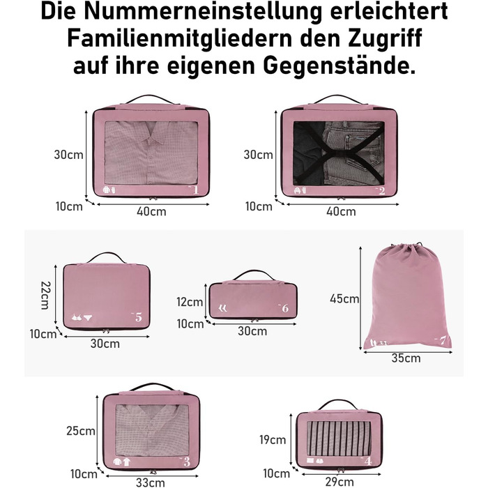Набір органайзерів для подорожей ECOHUB (7 шт), дорожні компресійні сумки з переробленого PET, рожеві